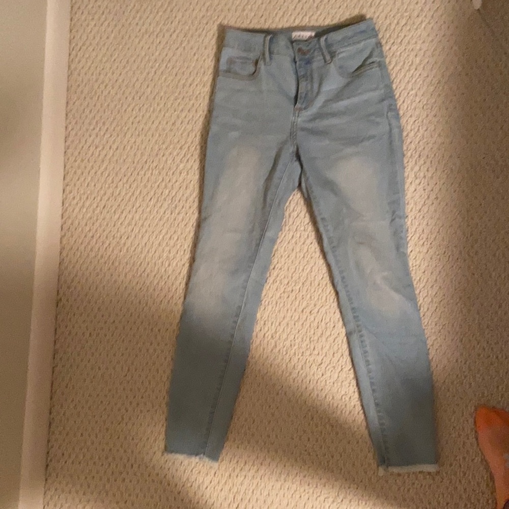 Cello light wash skinny jeans with frayed ankles